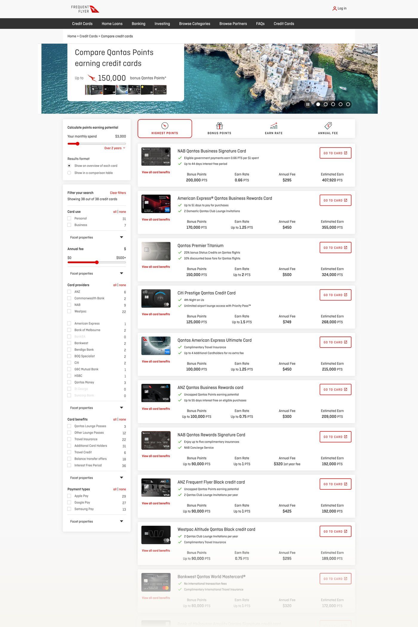 Working HTML prototype of the faceted search Credit Card Selector with real Qantas card data