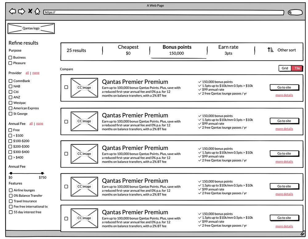 Early Balsamiq wireframe exploring the faceted search concept
