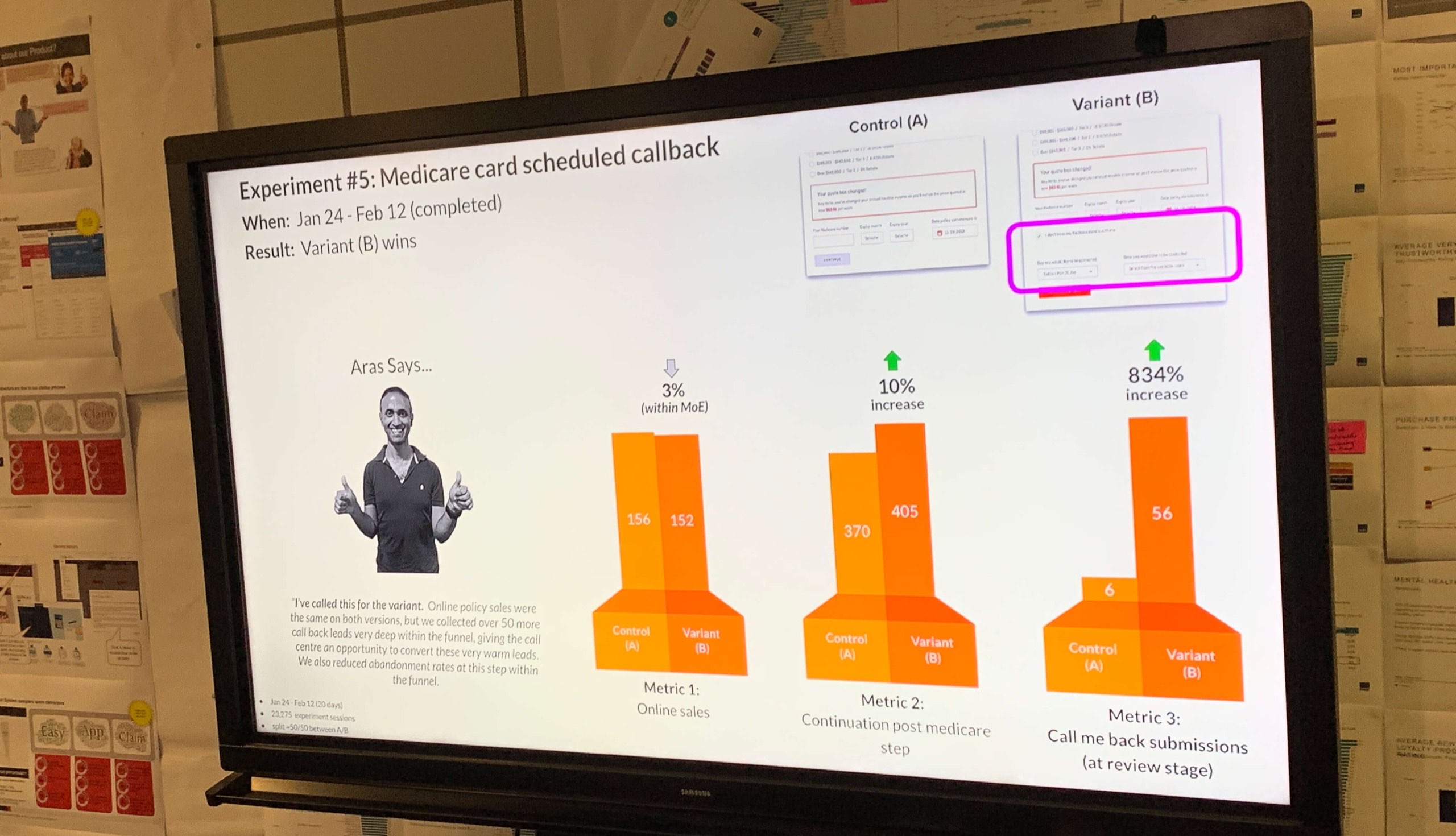 Digital results wall showing experiment outcomes